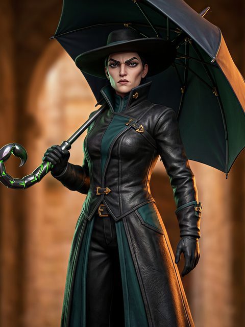 The Scorpion, Elena Cruz: a woman in a black leather coat and wide-brimmed hat.