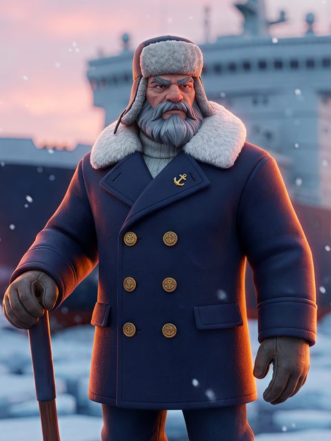 Icebreaker, Viktor Morozov: a bearded sea captain in a navy pea coat and fur hat.