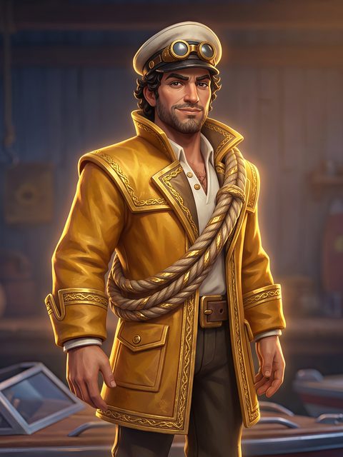 Storm, Rafael Costa: a sailor in a yellow coat and captain's cap with a coiled rope.