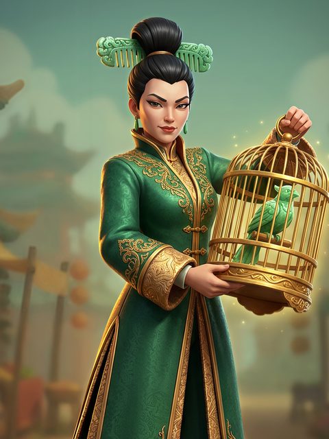 Jade, Song Yu: a woman in a green embroidered robe holding a golden birdcage.